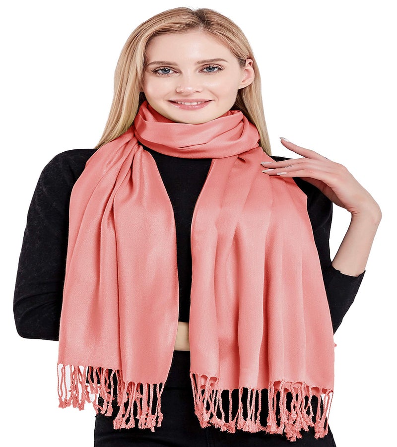 CJ Apparel Coral Pink Solid Color Pink Tassels Design Nepalese Shawl Scarf Wrap Stole Throw Head Wrap Pashmina Gift Hand Made in Nepal New - Image 4